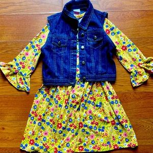 Girls Yellow Floral Dress with Jean Jacket - Size 12 - Like New
